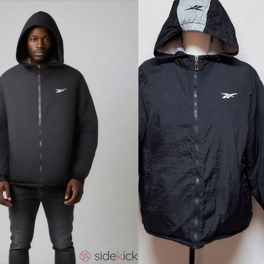 90s Rare Vintage Reebok Black Gray Colorblock Hooded Puffer Jacket Windbreaker